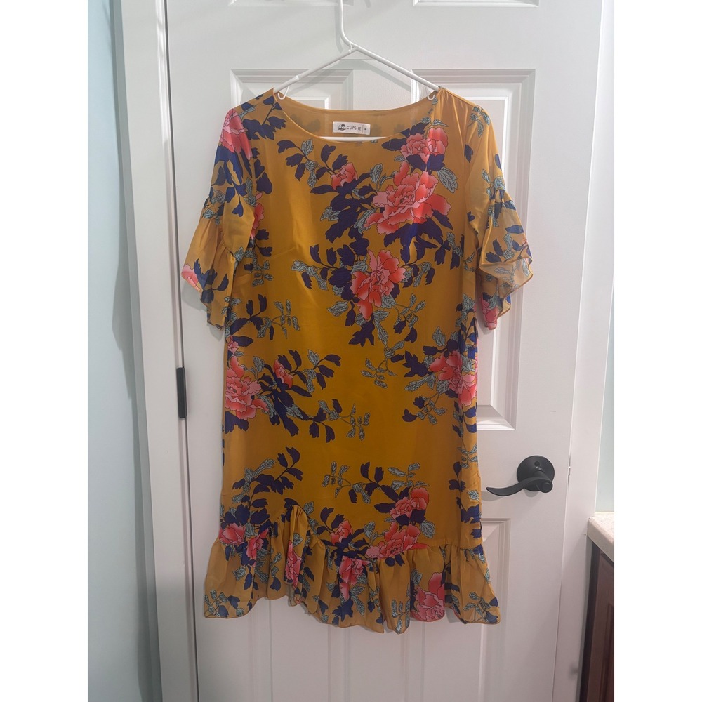 Cupshe Mustard Yellow Floral Ruffle Hem Shift Dress Short Bell Sleeve Small